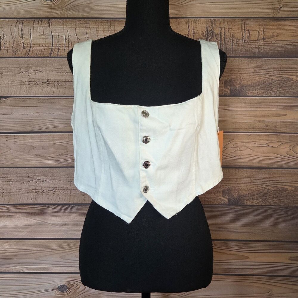 Thats So Fetch Womens Atticus White Denim Button Cropped Top - Size 12 - NWT